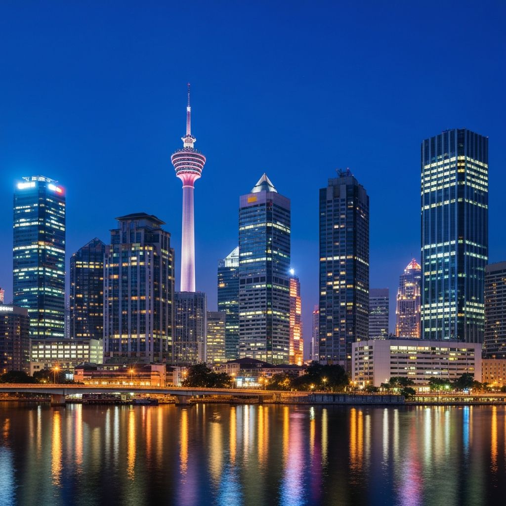 Kuala Lumpur financial district at night with illuminated skyscrapers